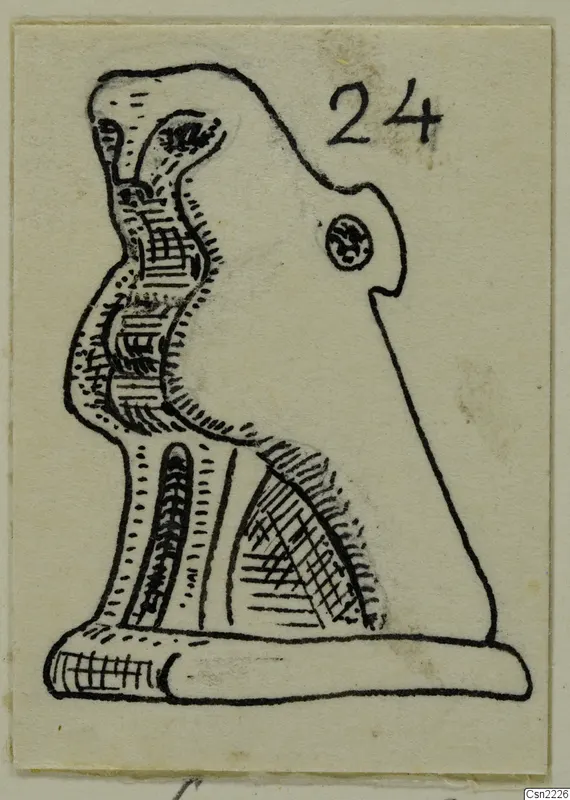 Pen drawing of a small stylised figure-like object with a rounded head, shown on a card with a number label