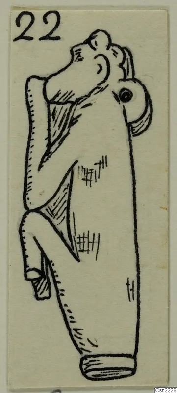 Pen drawing of a small figurine with a large rounded head and one arm bent up, with a number label.