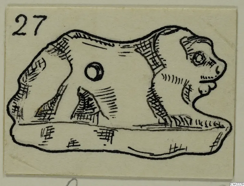 Pen drawing of a small animal-like figure with a round hole in its body, shown in side view with a number label