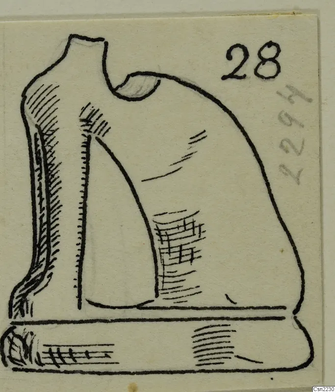 Pen drawing of a fragmentary sculpted object in side view, with a number label