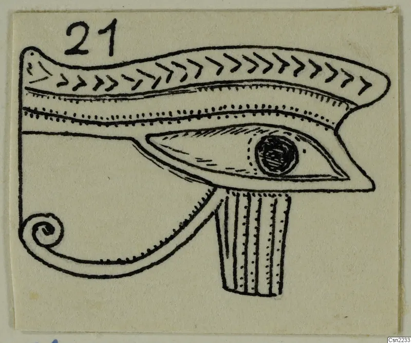 Ink drawing of a stylised eye motif, a jewellery find from Marion, with a number label