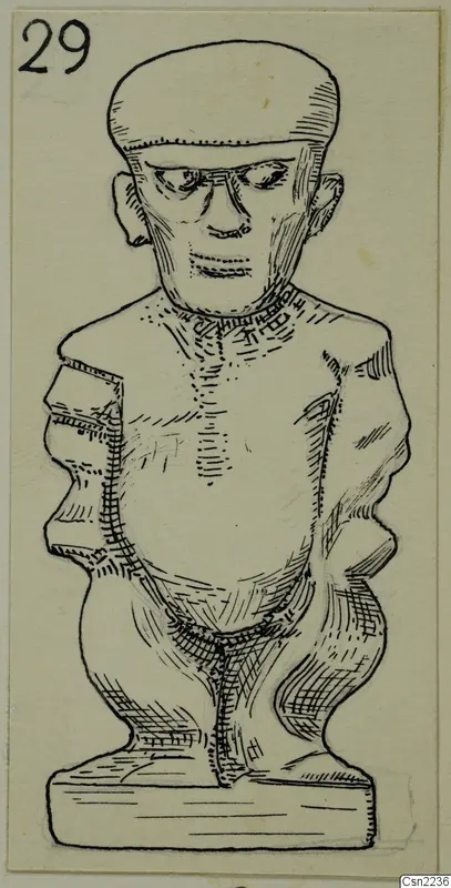 Pen drawing of a small standing human figure on a rectangular base