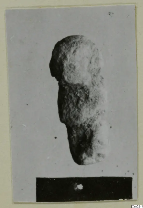 Rough stone object with a rounded upper part, shown upright on a card mount