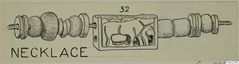 Pen drawing of a necklace of mixed beads and a rectangular pendant with a raised figure inside.