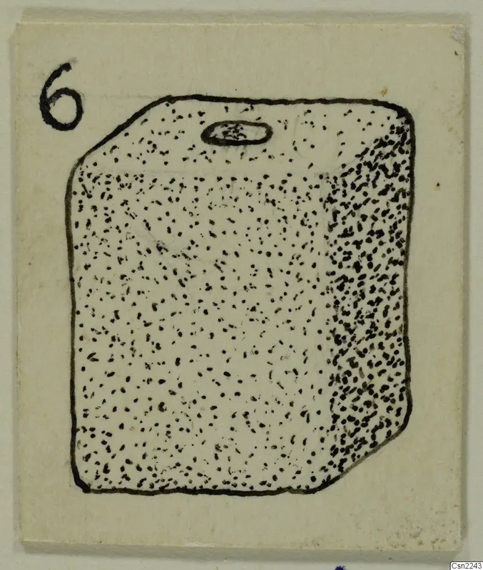 Drawing of a block-shaped object from Amathus, with stippled shading and a small oval recess near the top