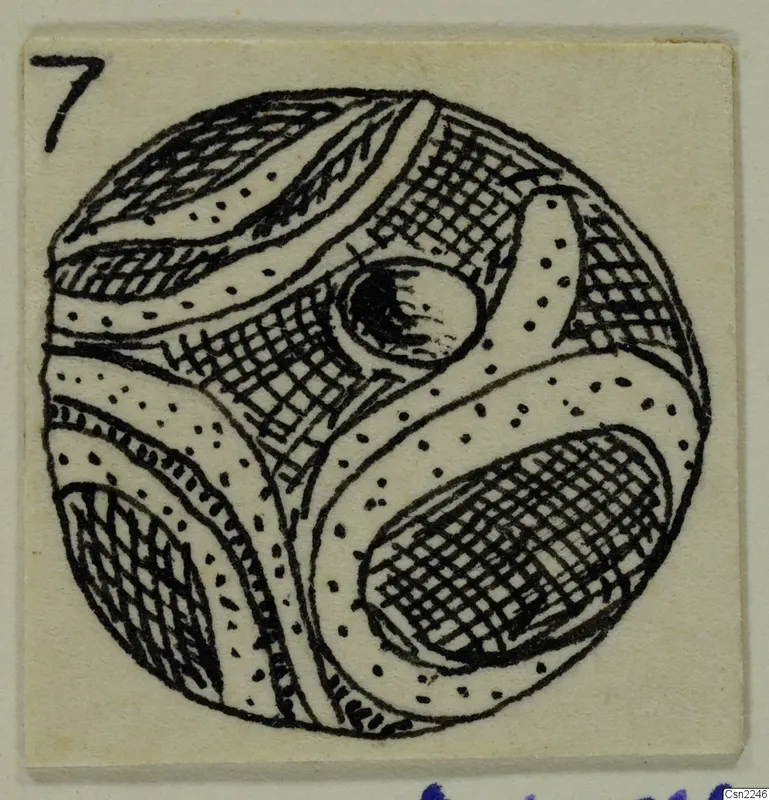 Ink drawing of a round bead decorated with curving bands, dots and cross-hatching.