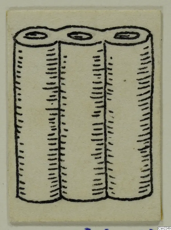 Field drawing of three joined cylindrical objects with round openings at the top, from Amathus 12.
