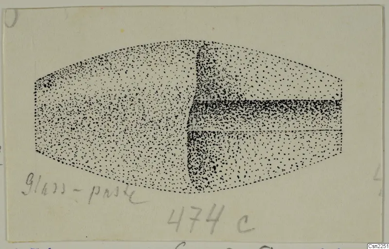 Stippled drawing of a single elongated object with a dark horizontal band, on a pale card, with handwritten notes