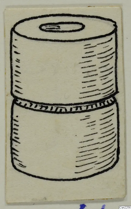 Drawing of a cylindrical object in two stacked sections, with a small oval opening on top and a notched band at the join.