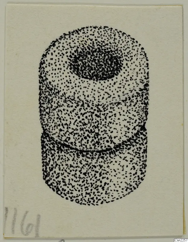 Stippled ink drawing of a short cylindrical object with a dark hole at one end and a horizontal groove around its middle.