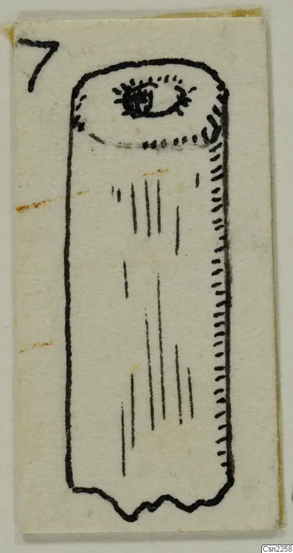Pen drawing of a cylindrical object with a circular opening at the top, on a small card, with a number label in the corner.