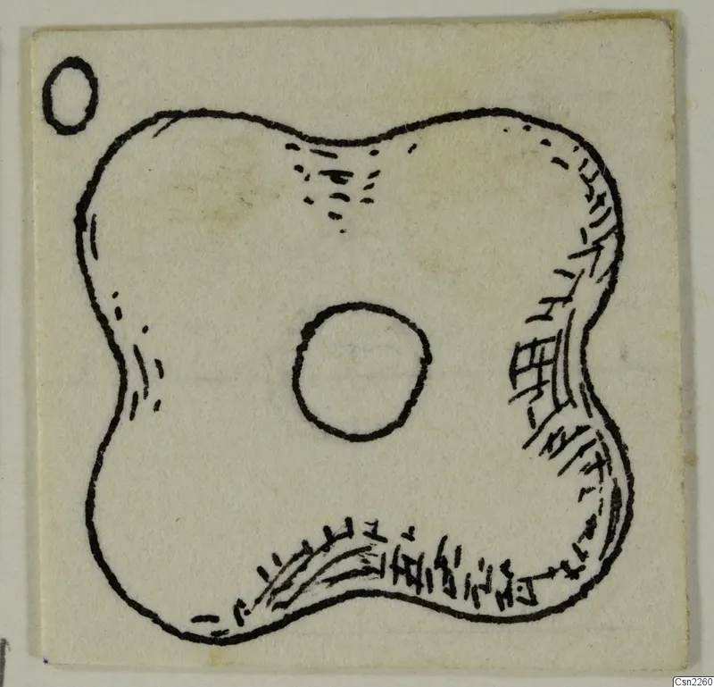 Pen drawing of a flat object with a waisted, two-lobed outline and a large round hole near the centre.