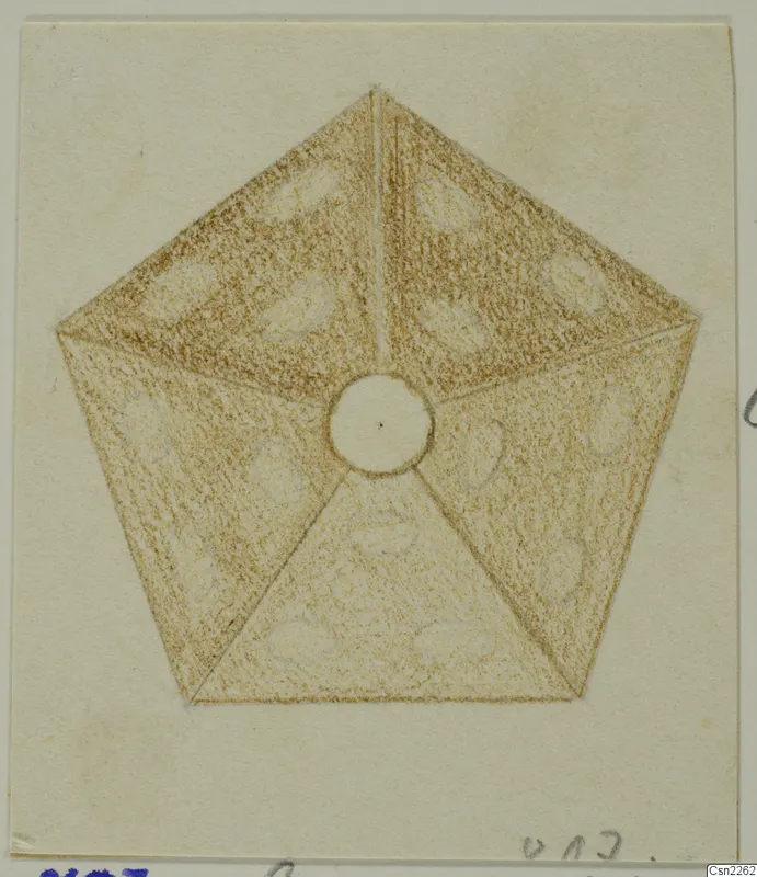 Drawing of a pentagonal object with a round central hole, shaded in brown crayon