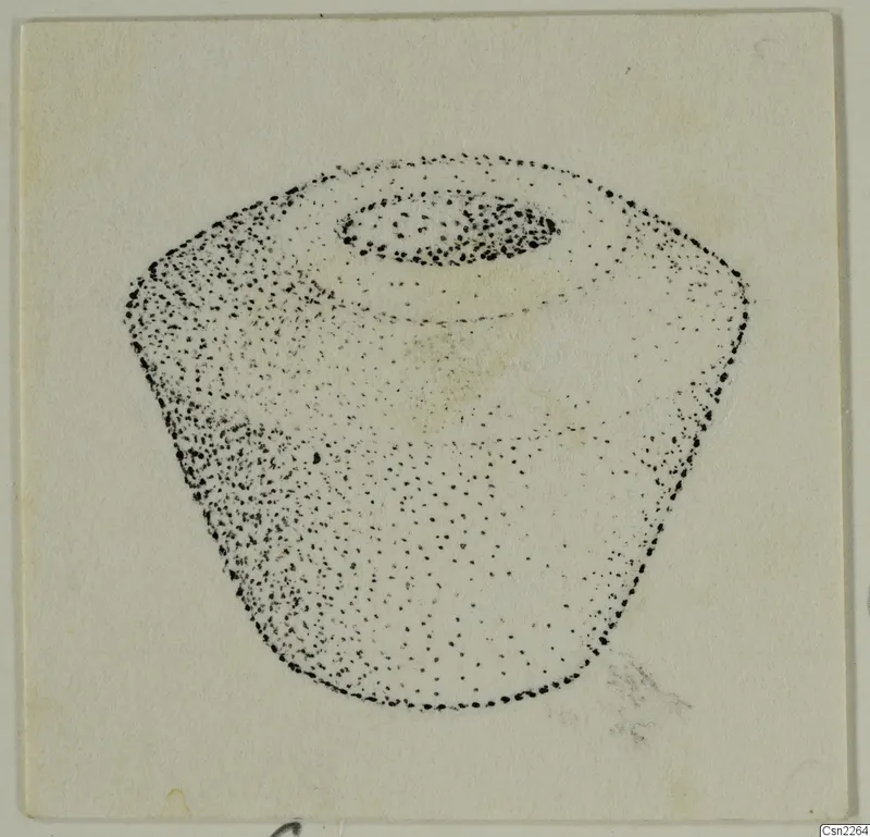 Stippled ink drawing of a vessel with an oval opening at the top, shown on a pale card.