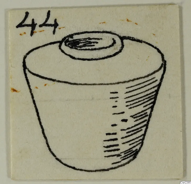 Pen sketch of a straight-sided vessel with a wide circular opening on top and shaded lines down one side