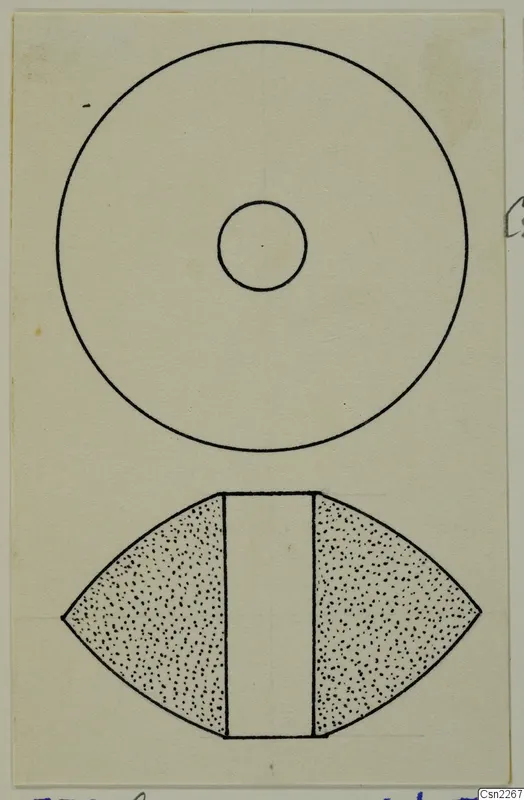 Drawing of a disc-shaped object with a central hole, and below it a side view of a lens-shaped piece with a central band.