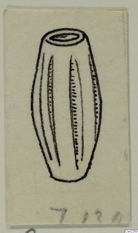 Pen drawing of a barrel-shaped object with a hole at the top and vertical grooves down its sides.
