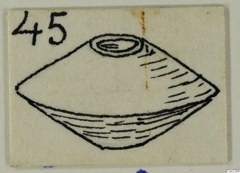 Pen drawing of a cone-shaped object with a round opening at the top, on a card with a number label.