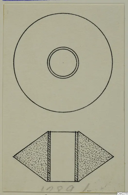 Field drawing of an object in plan and side section, with a central hole, from the jewellery series