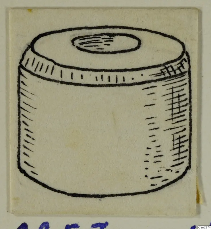 Ink drawing of a short cylindrical object with a small oval opening in its flat top.