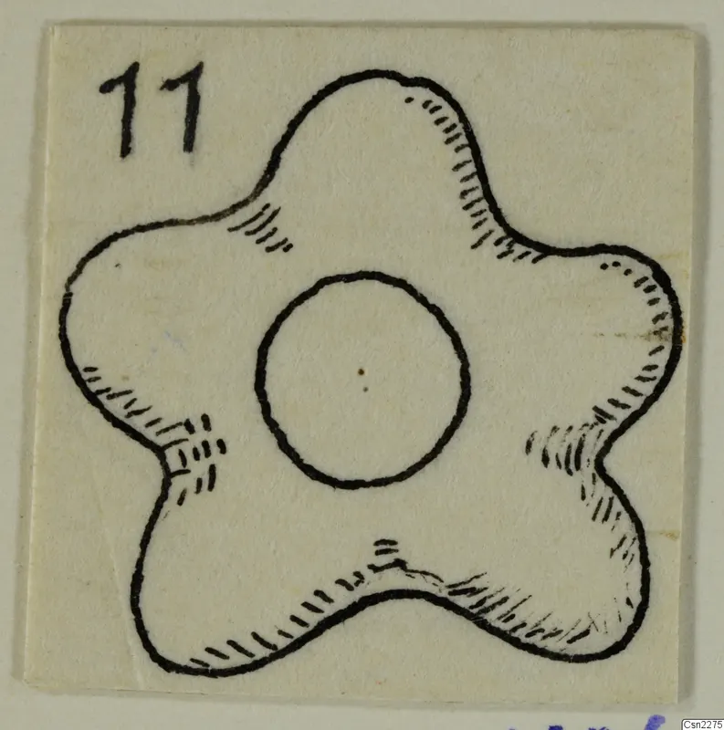 Drawing of a flat five-lobed object with a central hole, with a number label.