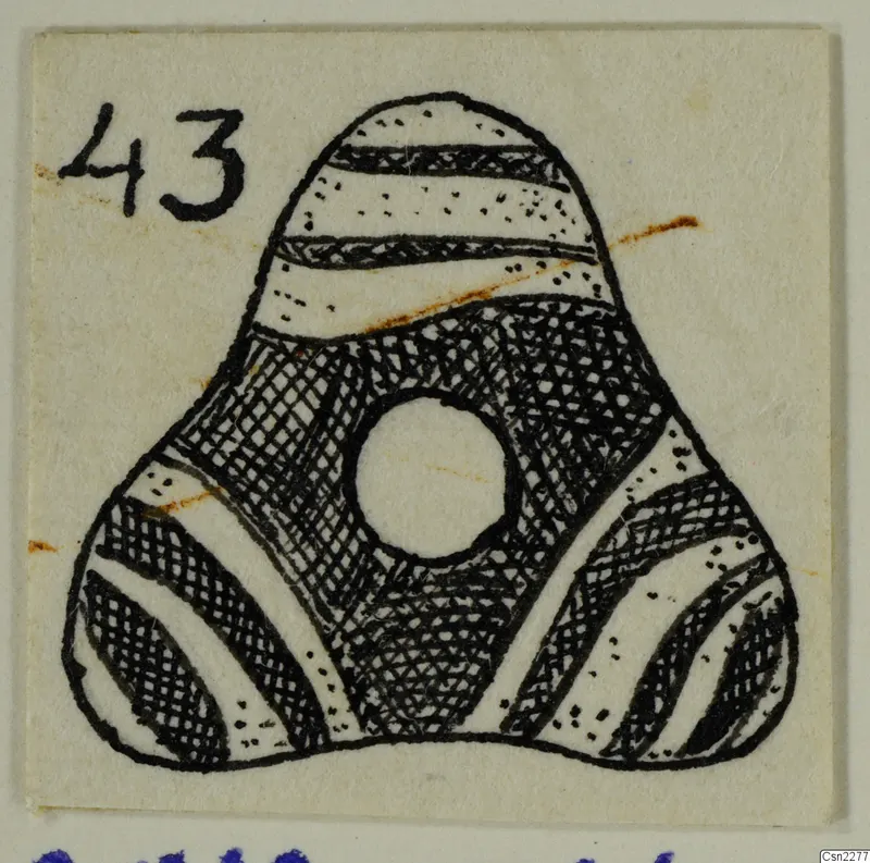 Drawing of a three-lobed object with a large central hole and banded cross-hatched decoration, with a number label.