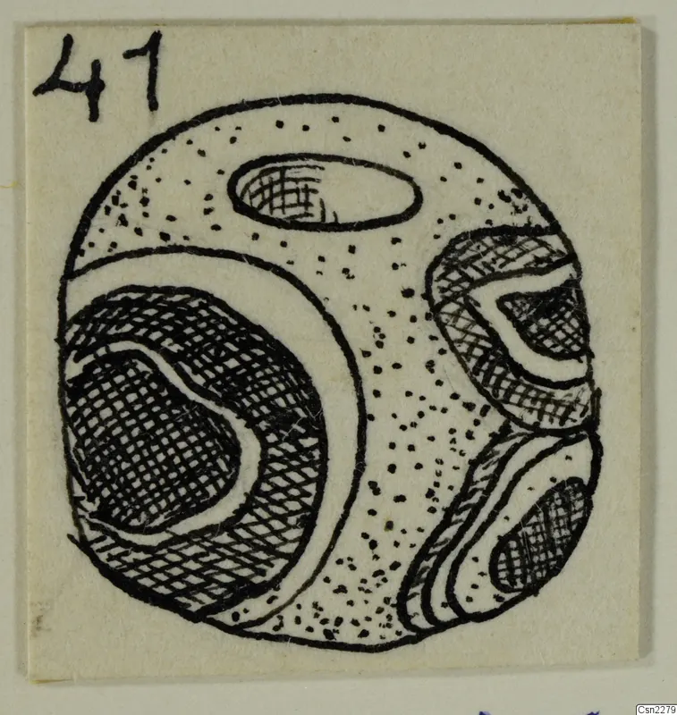 Drawing of a round object with hatched bands and dotted areas, with a handwritten number label in the upper left