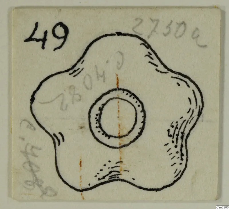 Ink drawing of a flat object with five rounded lobes and a large central hole, drawn on a small card