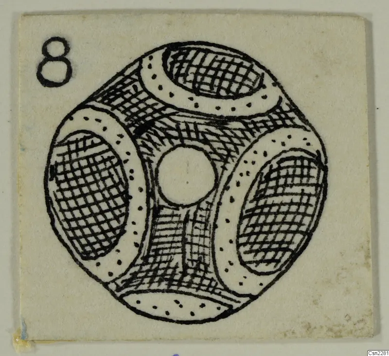 Ink drawing of a rounded, pierced object with cross-hatched oval panels and dotted bands, on a card.