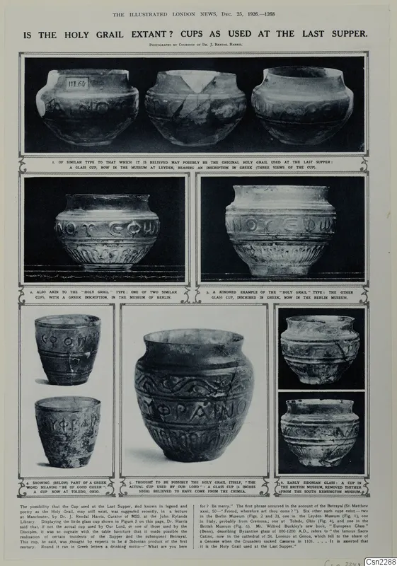 Printed newspaper page with photographs of glass cups, the page captioned around the holy grail