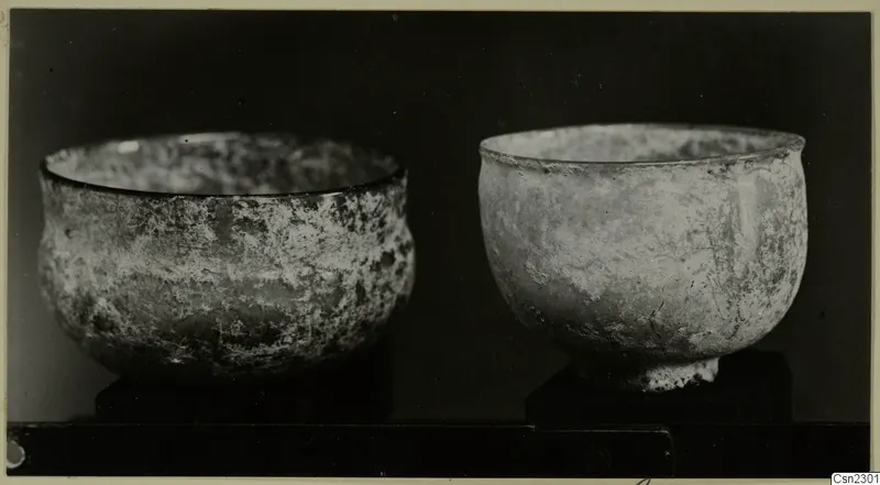 Two blown glass bowls, one wide and one with a footed base, on dark stands against a black background.