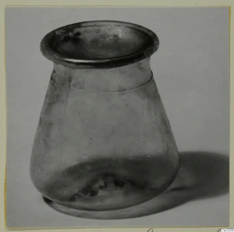 Blown glass vase with a flared rim and rounded body, photographed on a plain background.