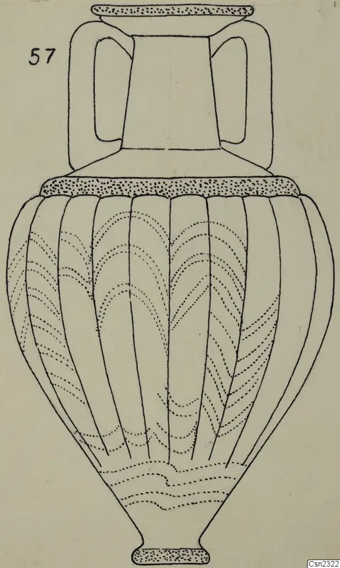 Field drawing of a ribbed two-handled vessel with dotted decoration, with a number label at top left