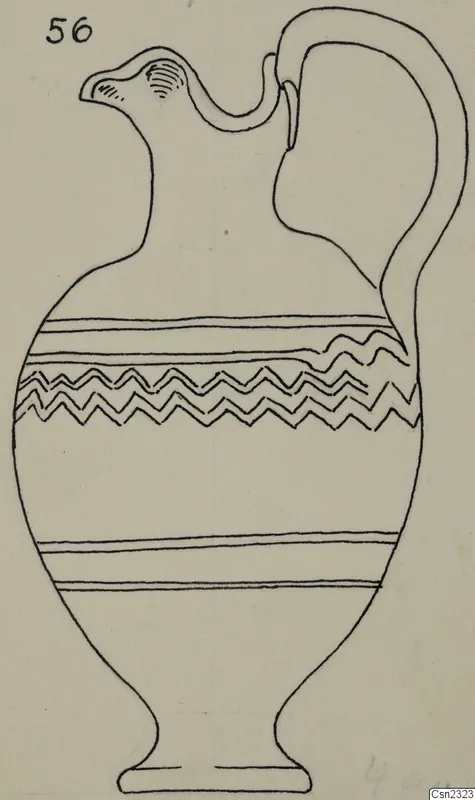 Field drawing of a jug with a beaked spout, a tall strap handle and zigzag bands on the body