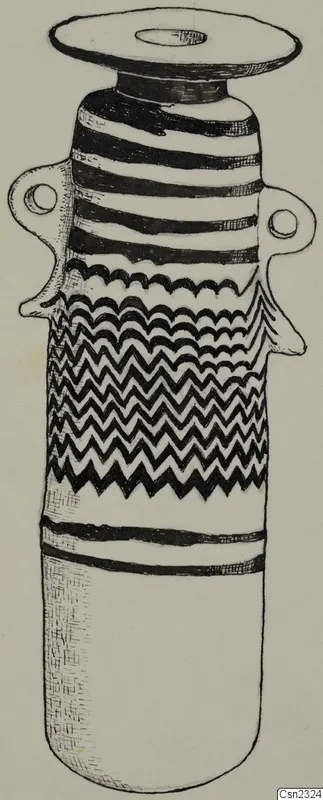 Field drawing of a sand-core glass vessel from Fossing, tall with two small loop handles and zigzag bands