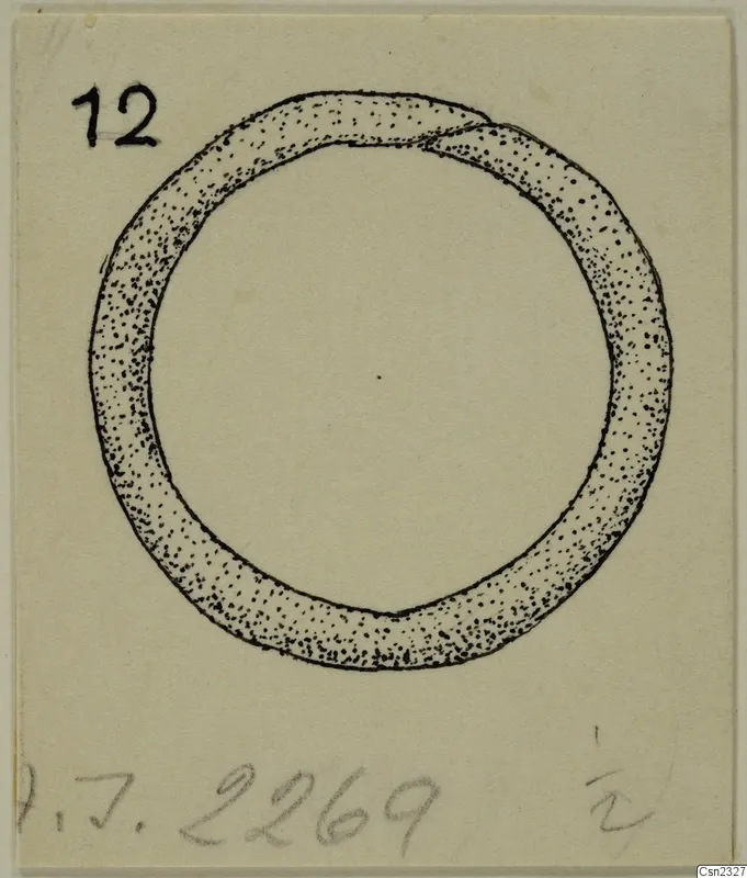 Stippled ink drawing of a plain lead ring on a cream card