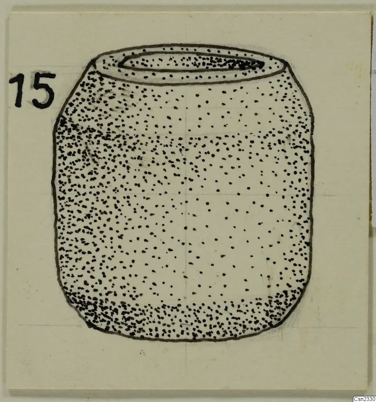 Drawing of a squat cylindrical container with a wide open mouth and dotted shading