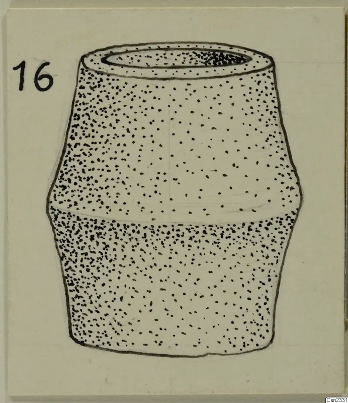 Drawing of a lead container with a wide mouth and a ridge at mid-height, stippled surface