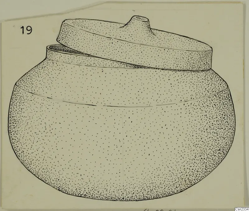Ink drawing of a lead pyxis from Marion, round body with a knobbed lid