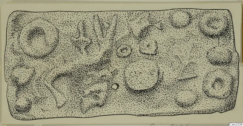 Stippled ink drawing of a rectangular lead plaque with circular and hand-like motifs