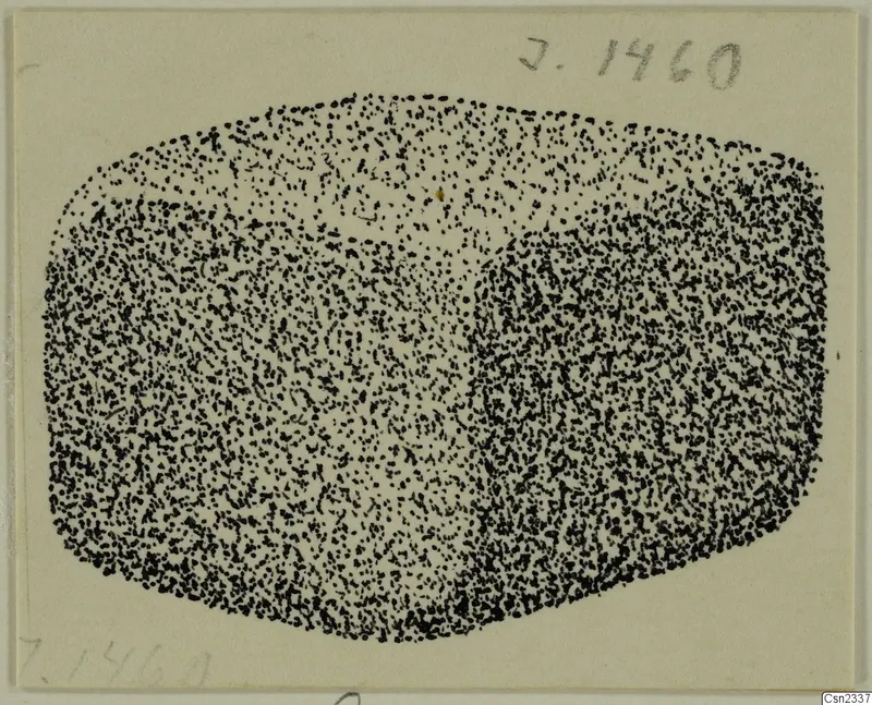 Stippled ink drawing of a lead block with rounded edges, shaded darker toward the right and lower edges
