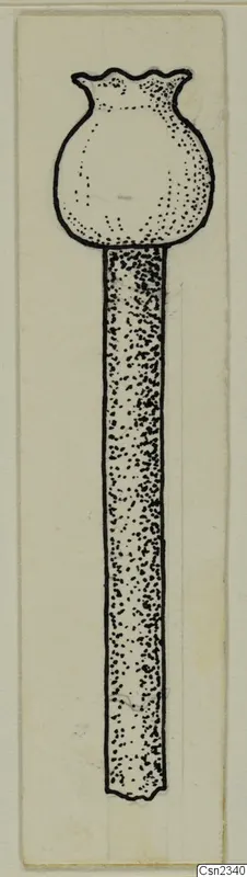 Pen drawing of an iron tool with a rounded, bulbous head and a long straight shaft