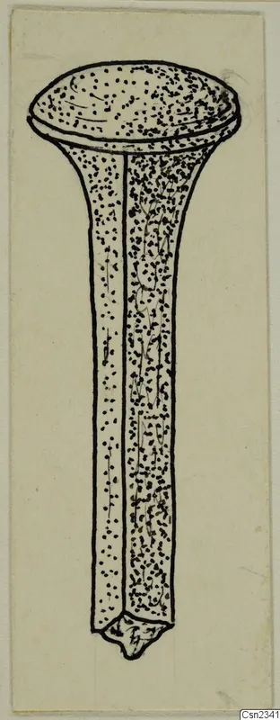 Ink drawing of an iron nail with a domed head and a square, tapering shank