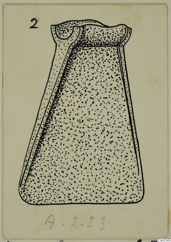 Ink drawing of an axe from Amathus, tapering with a flared top and a stippled surface