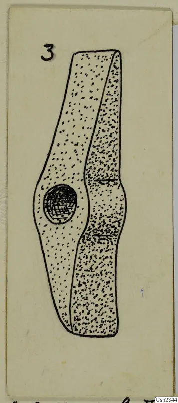 Drawing of an iron tool with a round hole near its middle, marked with a number label