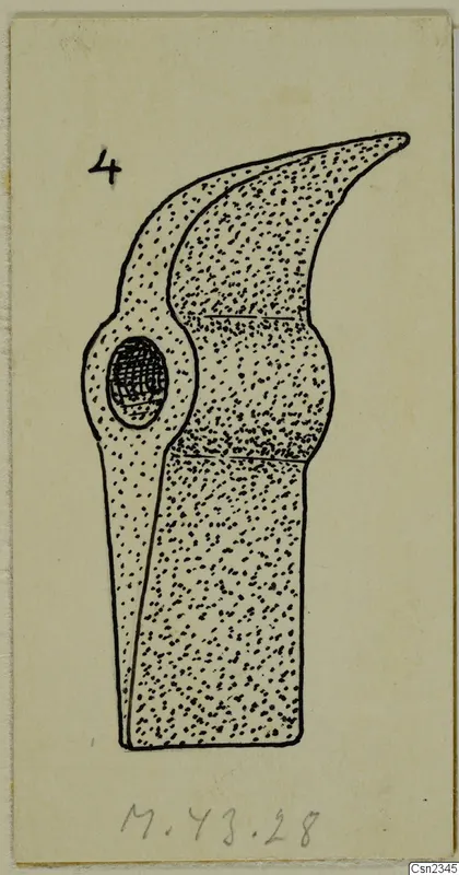 Drawing of an iron tool with a curved hooked blade and a socket for the handle, from Marion.