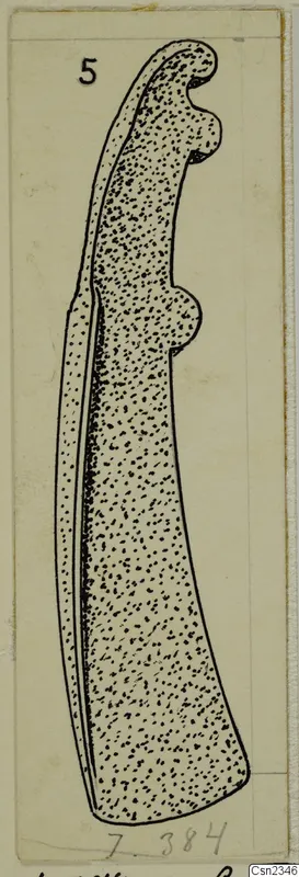 Drawing of an iron axe, shown upright with stippled shading