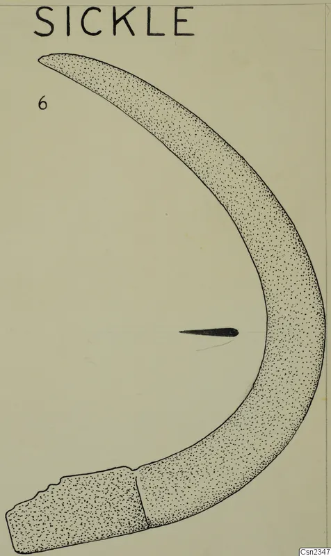 Ink drawing of a curved sickle with a squared-off lower end and a small dark mark inside the curve.