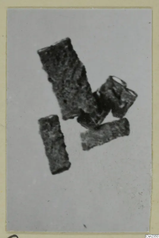 Iron tools and tool parts: several corroded, rectangular metal pieces on a pale background