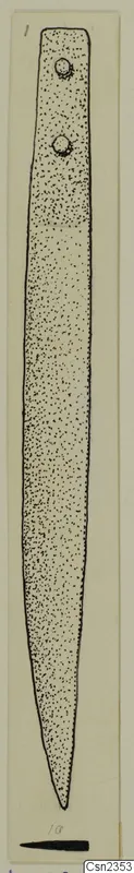 Drawing of an iron knife blade from Lapithos with two rivet holes near the top end